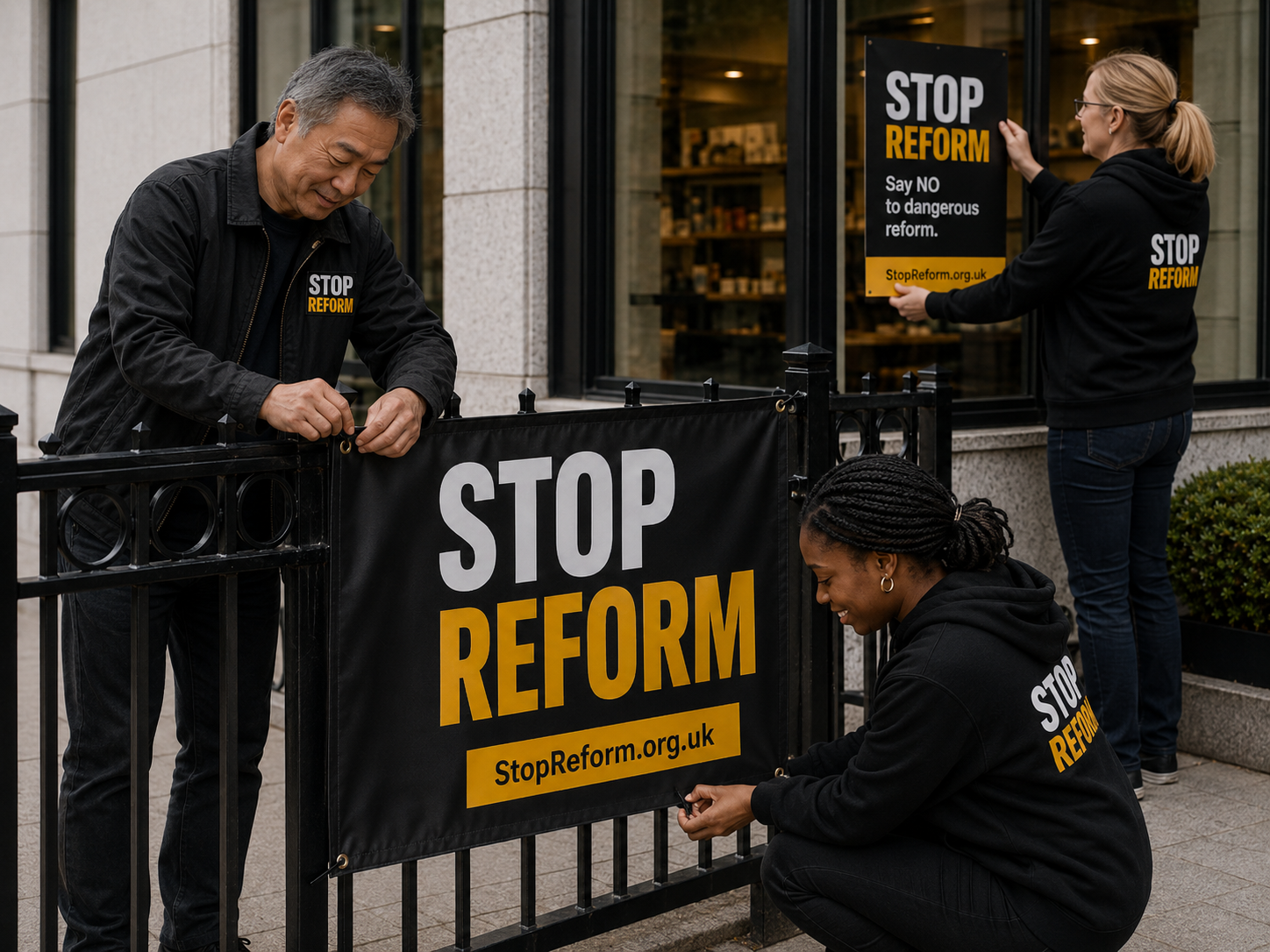 Putting up Stop Reform posters and banners