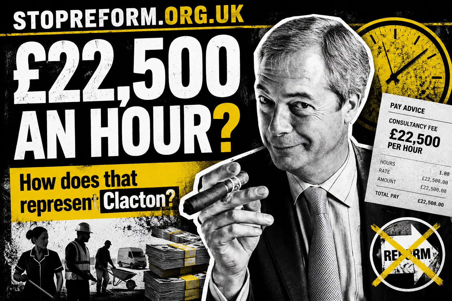 Stop Reform graphic about Nigel Farage receiving the equivalent of £22,500 per hour from Direct Bullion