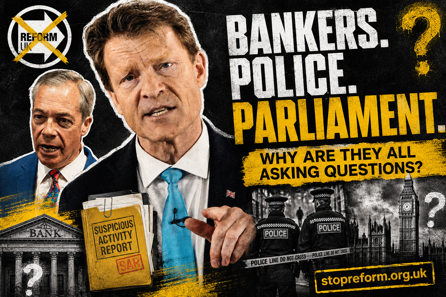 Stop Reform graphic showing bankers, police and Parliament asking questions about Reform finances
