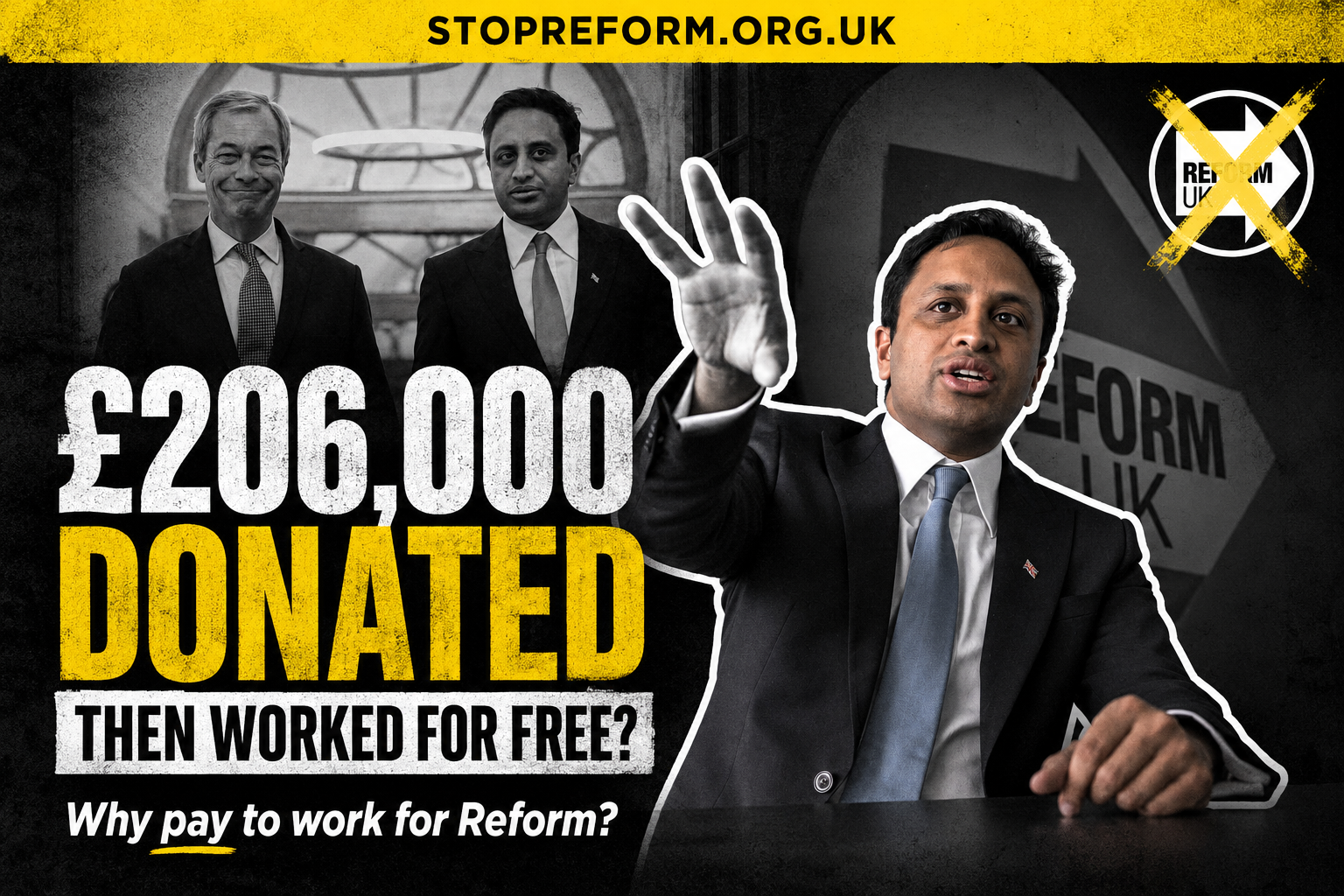 Stop Reform graphic showing Zia Yusuf donated around £206,000 then worked unpaid