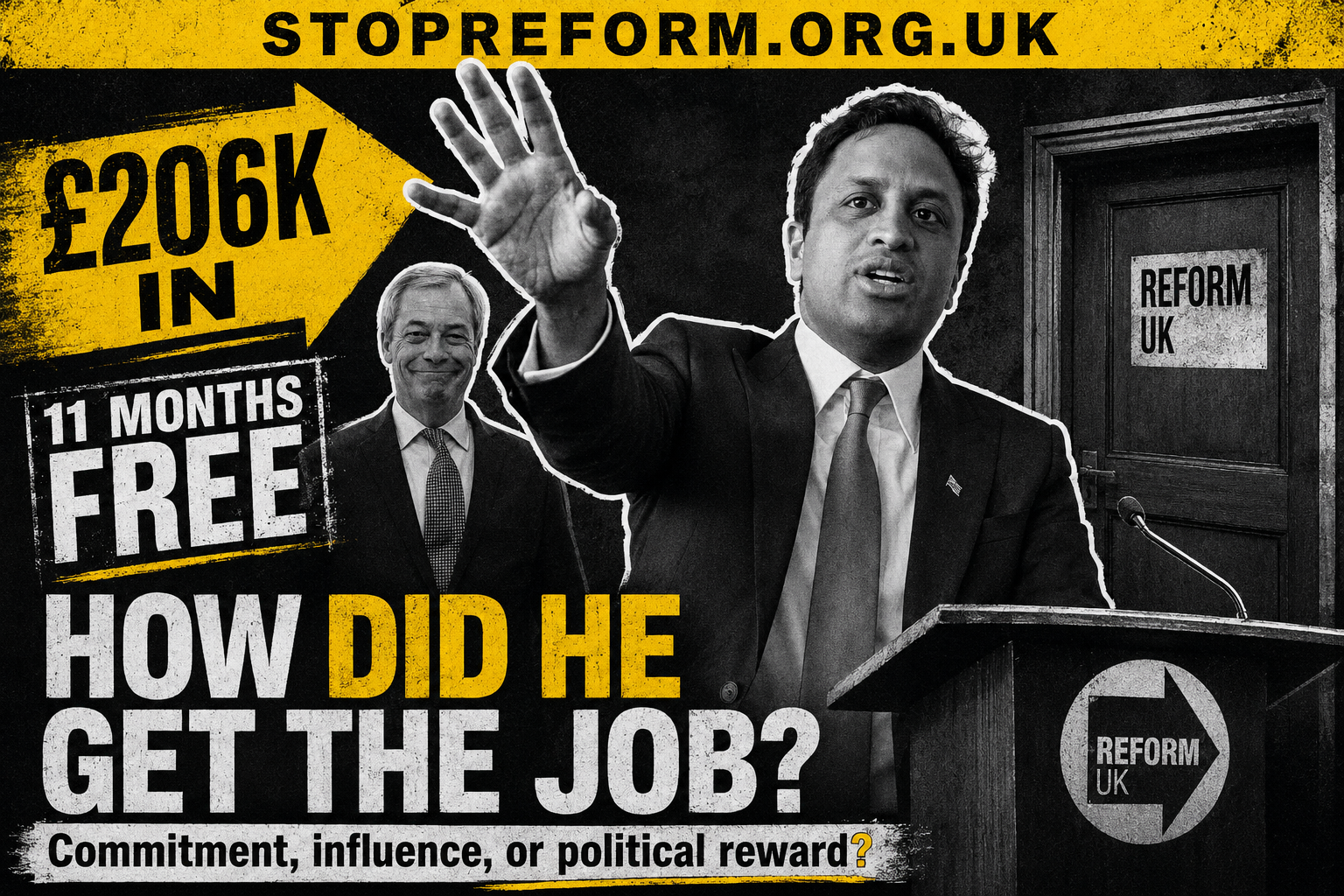 Stop Reform graphic asking how Zia Yusuf got the job after donating to Reform UK
