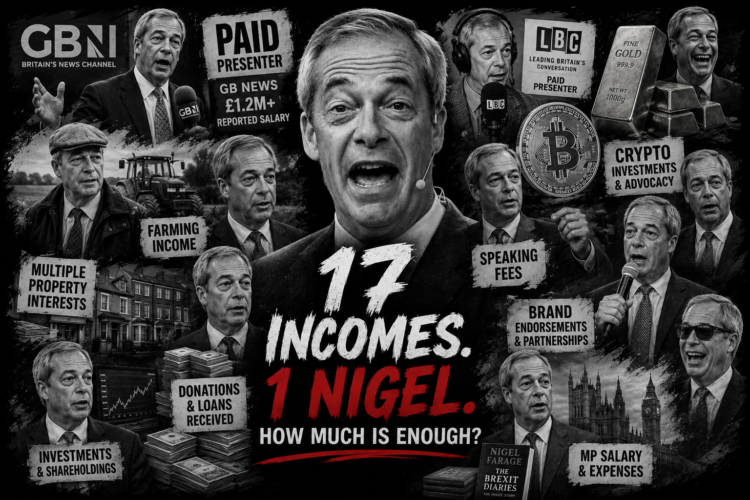 Collage representing Nigel Farage's 16 outside income sources plus his MP salary